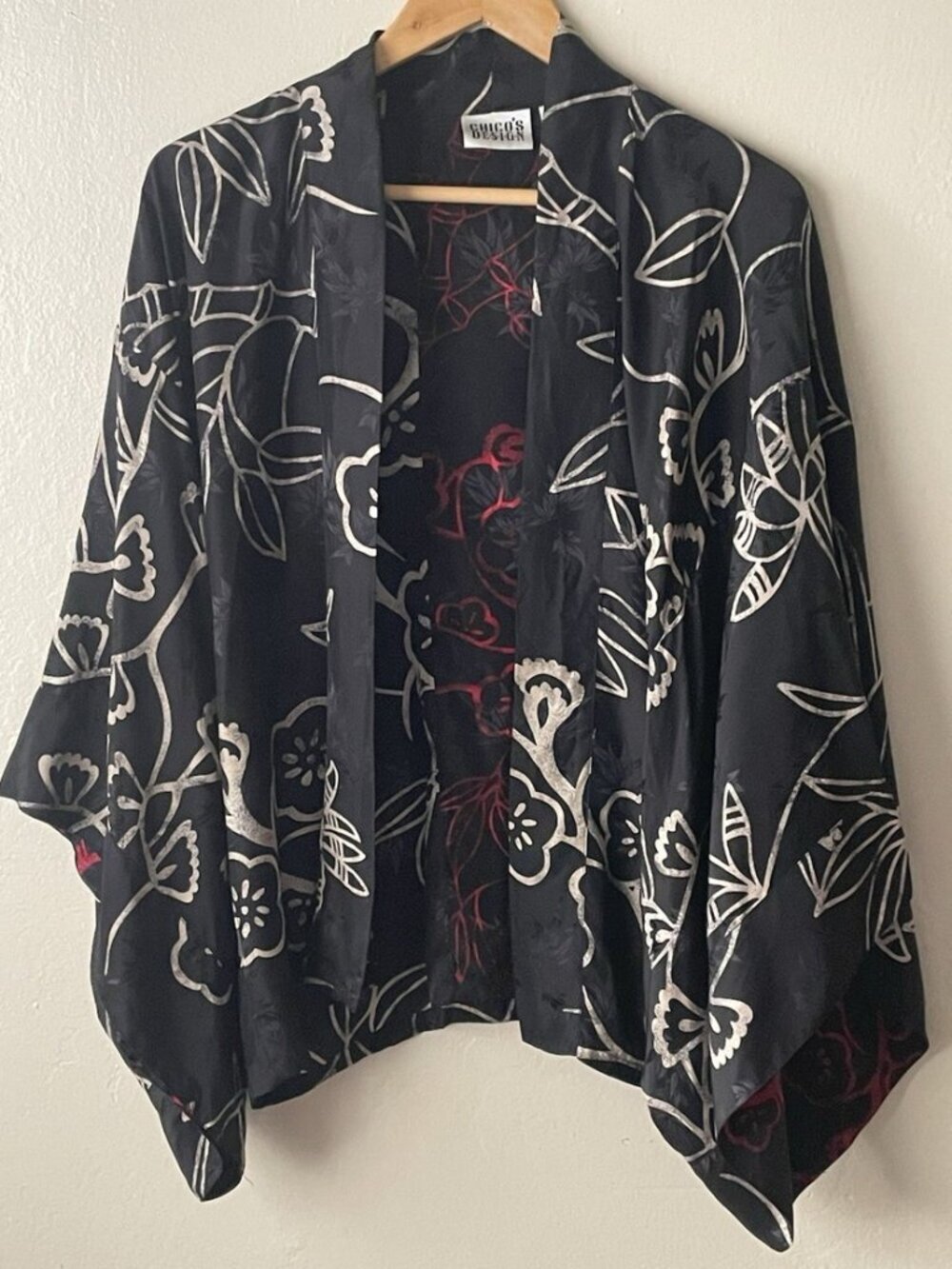 Chicos Design Silk Floral Print Kimono Cardigan Black Size M/L Boho - Picture 1 of 6
